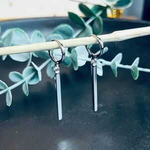 Divine Guide Huggie Hoop Earrings | 14k White Gold Plated Bar‎ | Jewelry Gift